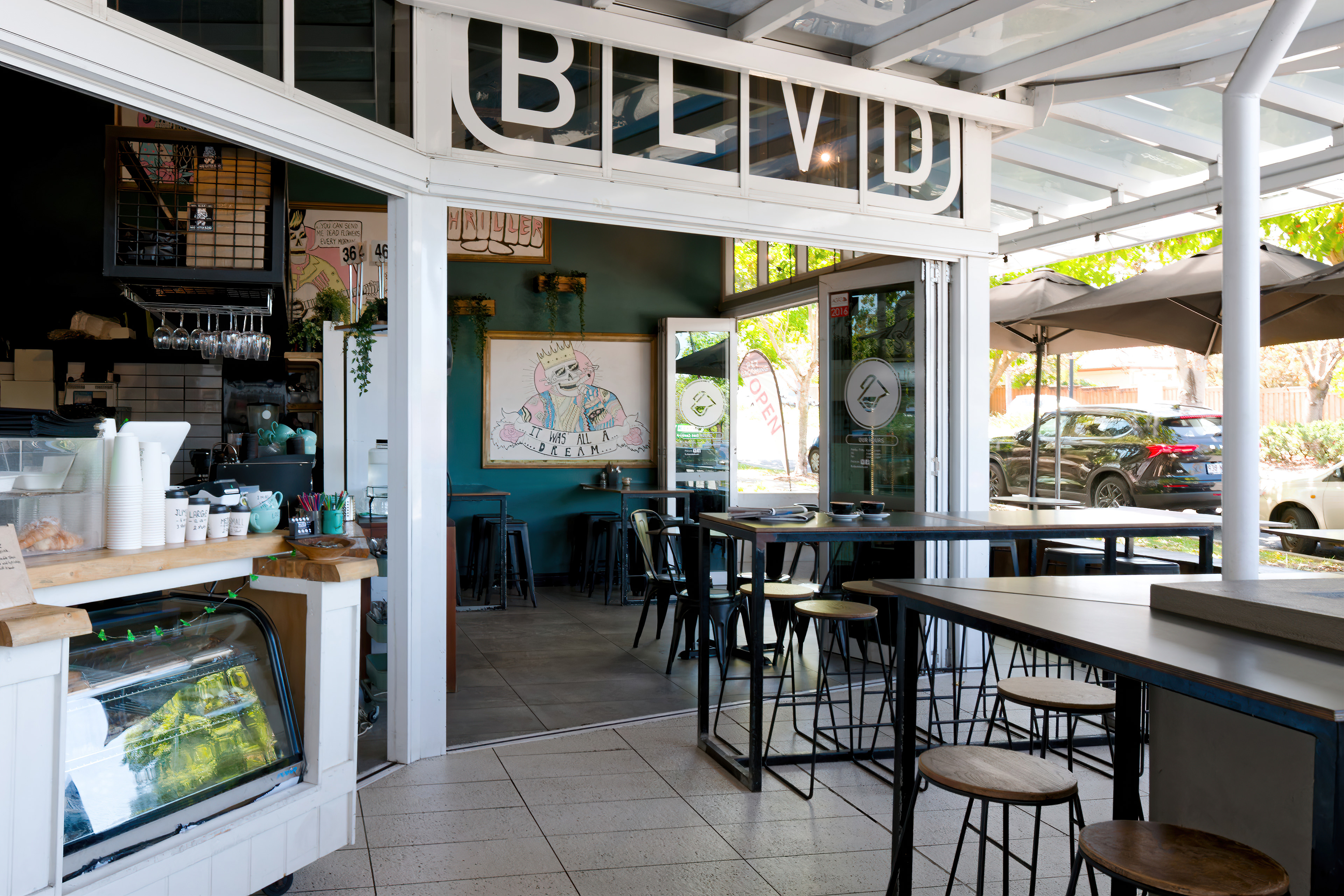 Interior of the BLVD cafe at street level on Endeavour Boulevard