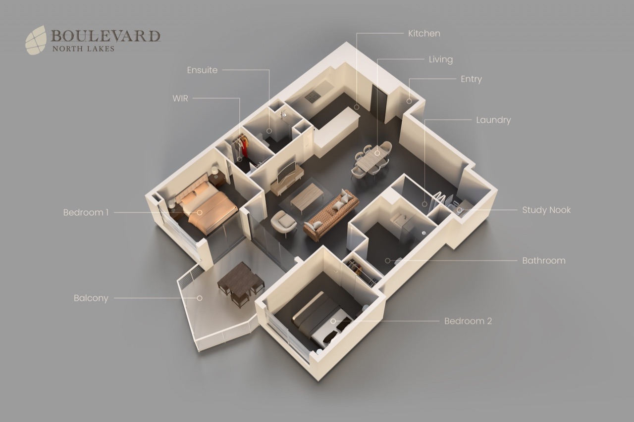 Two-bedroom, two-bathroom apartment floor plan, Layout A